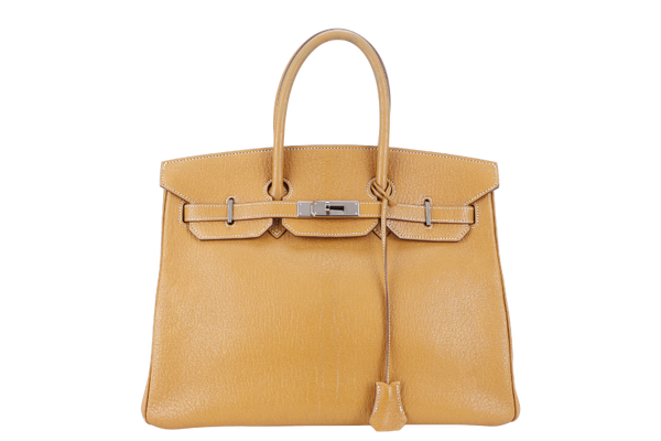 HERMES BIRKIN 35 LIGHT GOLD CHEVRE LEATHER RUTHENIUM HARDWARE STAMP N (YEAR 2010) WITH KEYS&LOCK, RAINCOAT AND DUST COVER