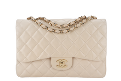 CHANEL CLASSIC SINGLE FLAP (1309xxxx) JUMBO BEIGE LAMBSKIN GOLD HARDWARE WITH CARD