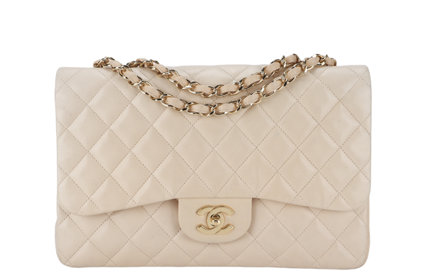 CHANEL CLASSIC SINGLE FLAP (1309xxxx) JUMBO BEIGE LAMBSKIN GOLD HARDWARE WITH CARD