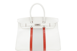 HERMES BIRKIN FLAG 35 WHITE AND GRIS PERLE CLEMENCE, LIZARD LEATHER SILVER HARDWARE STAMP Q SQUARE (YEAR 2013) WITH LOCK & KEYS AND DUST COVER