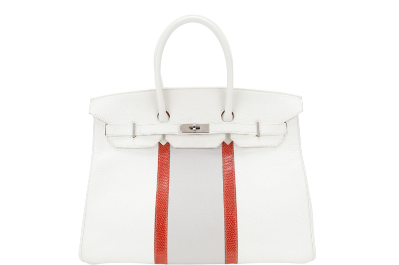 HERMES BIRKIN FLAG 35 WHITE AND GRIS PERLE CLEMENCE, LIZARD LEATHER SILVER HARDWARE STAMP Q SQUARE (YEAR 2013) WITH LOCK & KEYS AND DUST COVER