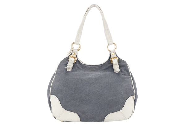 PRADA BLUE DENIM TOTE BAG WHITE LEATHER GOLD HARDWARE NO DUST COVER