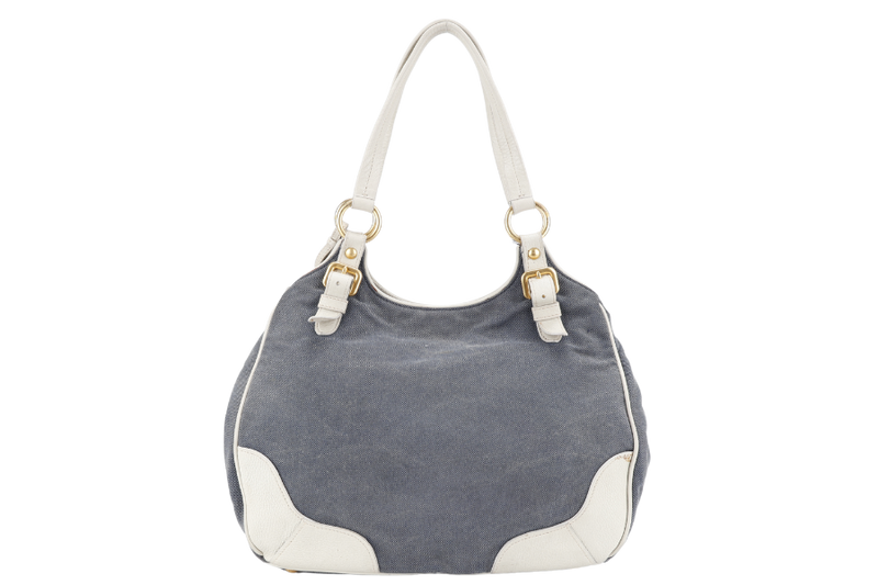 PRADA BLUE DENIM TOTE BAG WHITE LEATHER GOLD HARDWARE NO DUST COVER