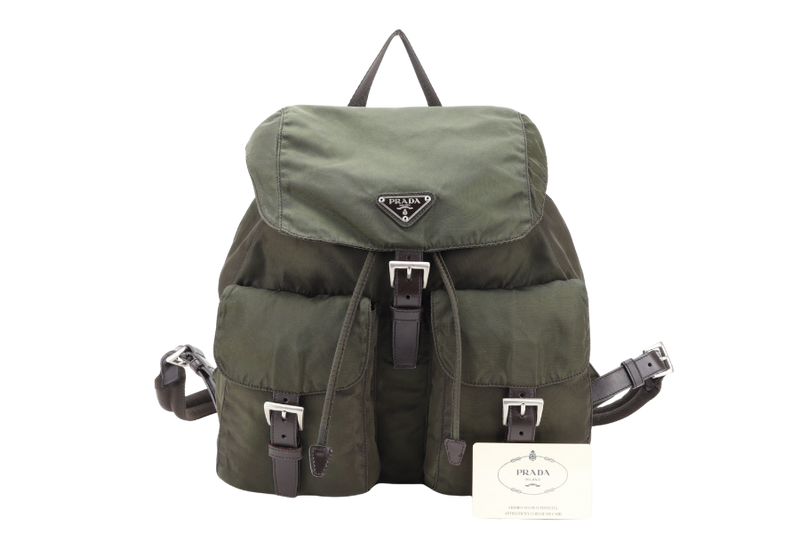PRADA B2811 GREEN VELA NYLON BACKPACK WITH SILVER HARDWARE WITH CARD NO DUST COVER