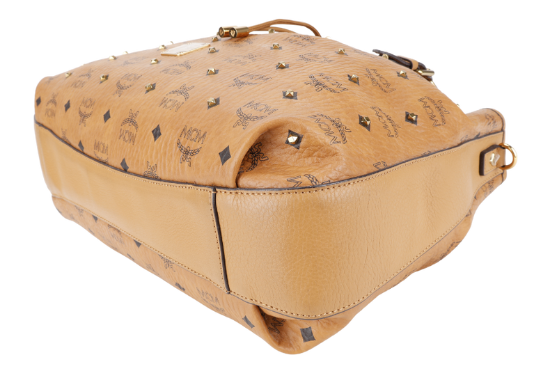 MCM VISETOS TWO WAY BAG BROWN CALFSKIN LEATHER GOLD HARDWARE WITH STRAPS, DUST COVER AND CARD