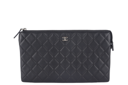 CHANEL BLACK LAMBSKIN QUILTED CLUTCH (2638xxxx) SILVER HARDWARE WITH DUST COVER AND BOX