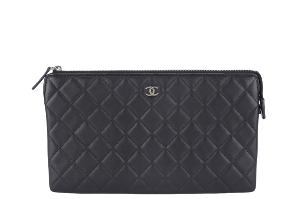 CHANEL BLACK LAMBSKIN QUILTED CLUTCH (2638xxxx) SILVER HARDWARE WITH DUST COVER AND BOX