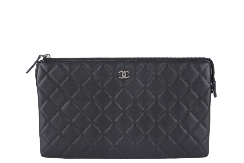 CHANEL BLACK LAMBSKIN QUILTED CLUTCH (2638xxxx) SILVER HARDWARE WITH DUST COVER AND BOX