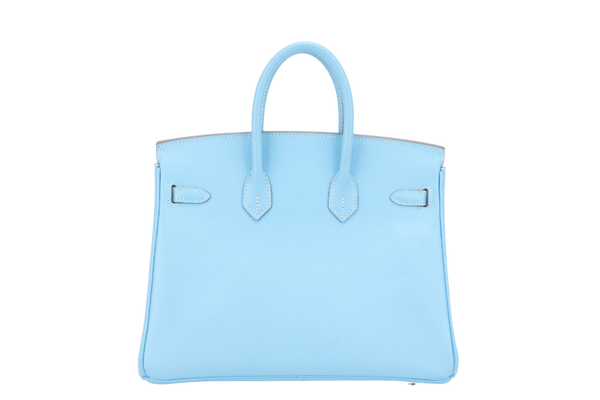 HERMES BIRKIN 25 BLUE CELESTE, BLUE THALASSA EPSOM LEATHER SILVER HARDWARE STAMP O (YEAR 2011) NO KEYS, NO LOCK WITH DUST COVER