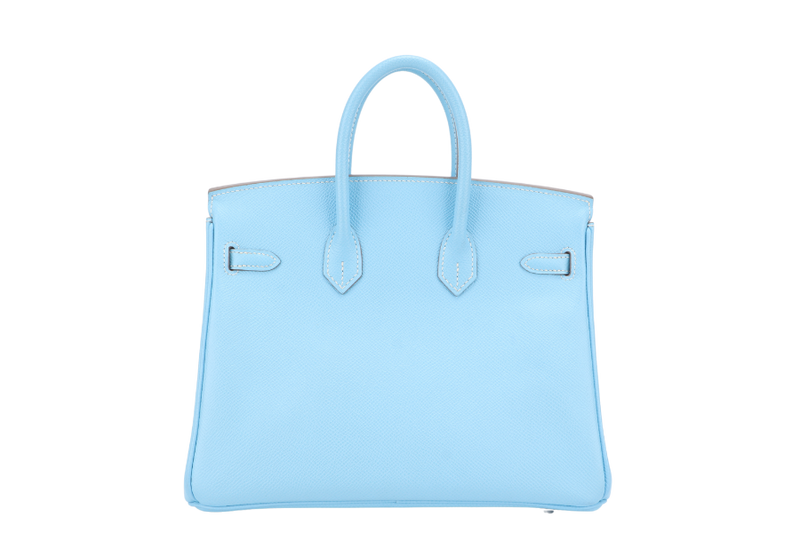 HERMES BIRKIN 25 BLUE CELESTE, BLUE THALASSA EPSOM LEATHER SILVER HARDWARE STAMP O (YEAR 2011) NO KEYS, NO LOCK WITH DUST COVER
