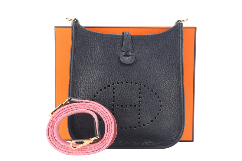 HERMES EVELYNE TPM BLUE INDIGO STAMP C (YEAR 2018) ROSE x ROUGH H STRAP GOLD HARDWARE WITH BOX, NO DUST COVER