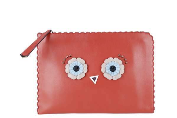 FENDI BUG'S EYE LEATHER CLUTCH BRICK COLOR WITH DUST COVER AND BOX