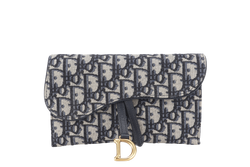 CHRISTIAN DIOR LONG SADDLE WALLET WITH CHAIN BLUE OBLIQUE LEATHER TRIMS GOLD HARDWARE WITH DUST COVER, STRAPS AND BOX