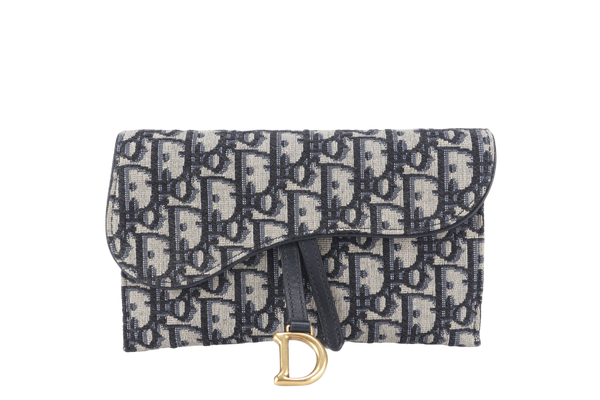 CHRISTIAN DIOR LONG SADDLE WALLET WITH CHAIN BLUE OBLIQUE LEATHER TRIMS GOLD HARDWARE WITH DUST COVER, STRAPS AND BOX