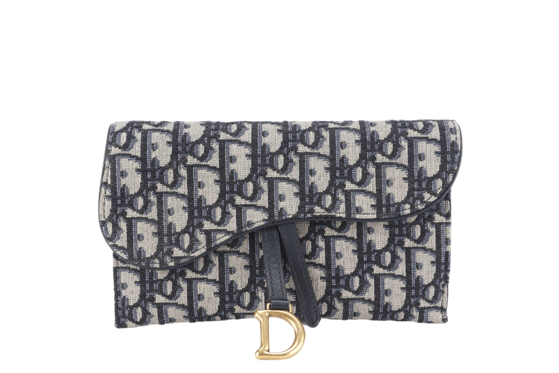 CHRISTIAN DIOR LONG SADDLE WALLET WITH CHAIN BLUE OBLIQUE LEATHER TRIMS GOLD HARDWARE WITH DUST COVER, STRAPS AND BOX