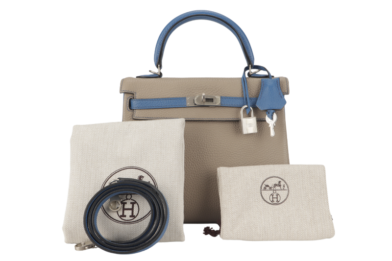 HERMES KELLY 25 HSS GRIS TOURTERELLE MYKONOS TOGO WITH BRUSHED SILVER HARDWARE STAMP P (2012) WITH LOCK&KEYS AND STRAPS