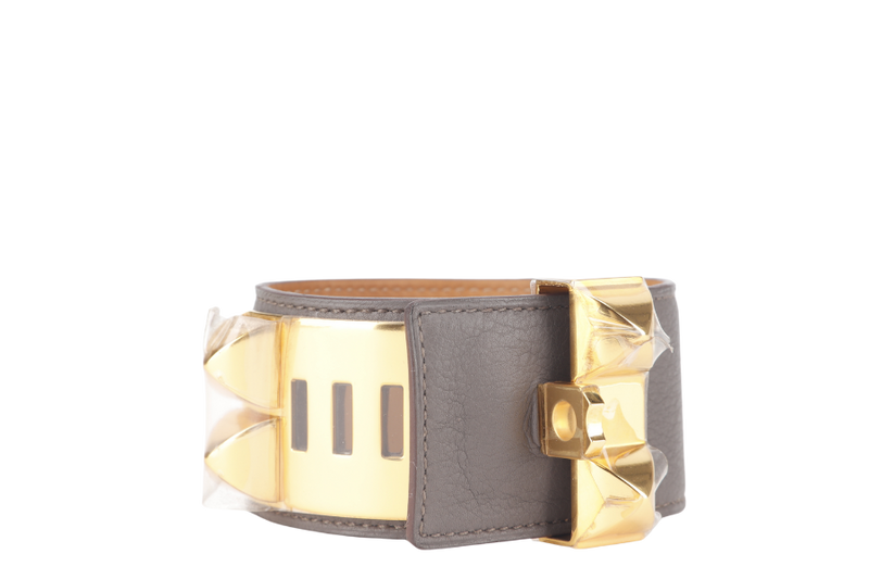 HERMES COLLIER DE CHEIN BRACELET GREY LEATHER GOLD HARDWARE STAMP O SQUARE (YEAR 2011) WITH DUST COVER AND BOX