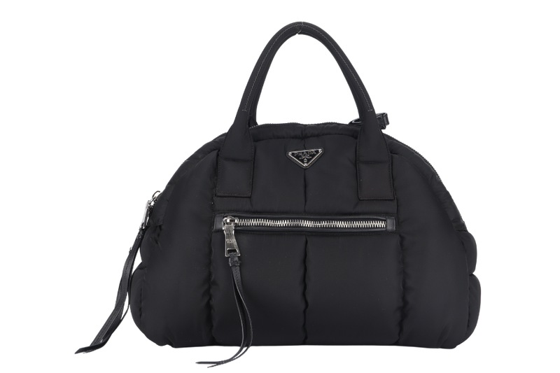 PRADA BOMBER TESSUTO 2 WAY BAG (BL0886) BLACK NYLON SILVER HARDWARE WITH DUST COVER , STRAP AND CARD