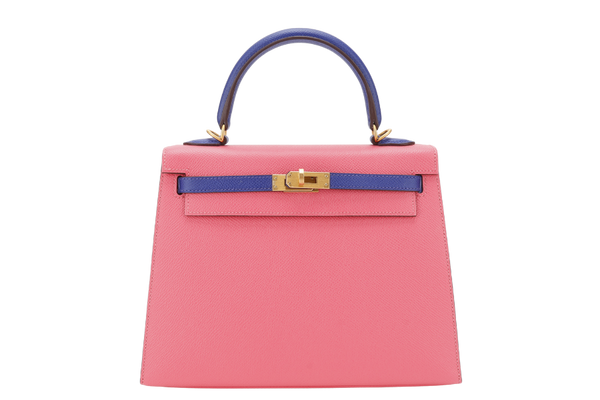 HERMES KELLY 25 HSS STAMP C (YEAR 2018) ROSE AZALEE, BLUE ELECTRIC EPSOM LEATHER, BRUSHED GOLD HARDWARE WITH STRAP, KEYS, LOCK AND DUST COVER