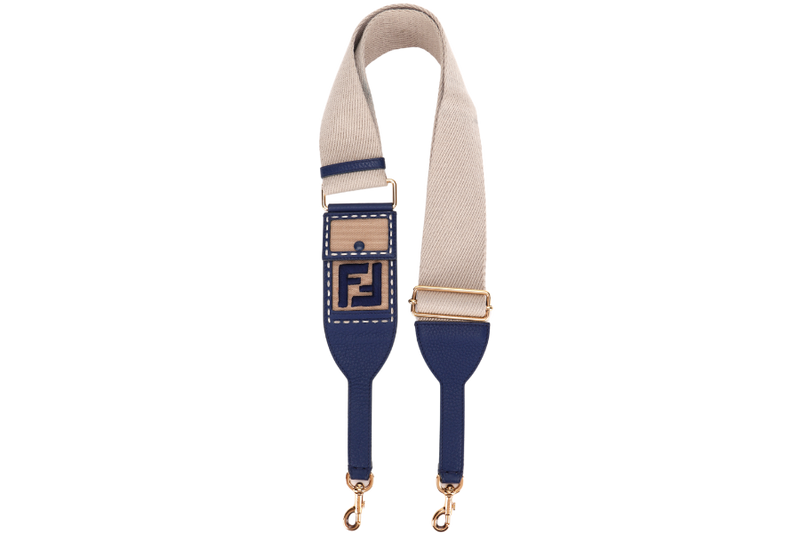 FENDI DARK BLUE LEATHER WITH BEIGE CANVAS SHOULDER STRAP GOLD HARDWARE, NO DUST COVER & BOX