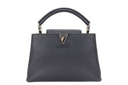 LOUIS VUITTON CAPUCINES BB BLACK CALFSKIN LEATHER GOLD HARDWARE WITH LEATHER STRAPS AND DUST COVER