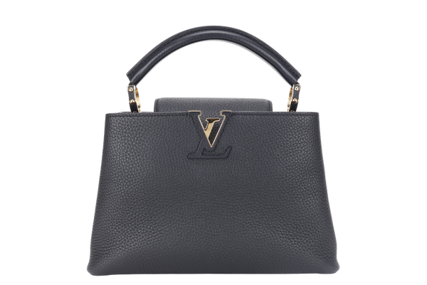 LOUIS VUITTON CAPUCINES BB BLACK CALFSKIN LEATHER GOLD HARDWARE WITH LEATHER STRAPS AND DUST COVER