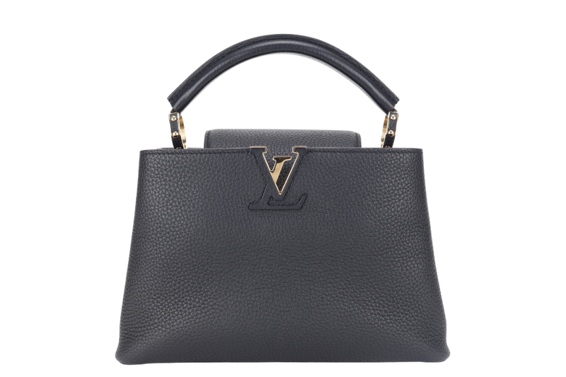 LOUIS VUITTON CAPUCINES BB BLACK CALFSKIN LEATHER GOLD HARDWARE WITH LEATHER STRAPS AND DUST COVER