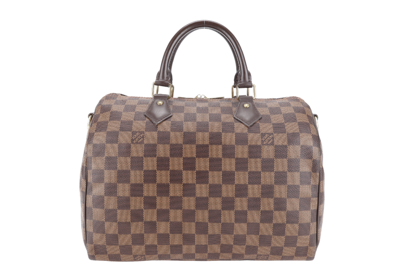 LOUIS VUITTON SPEEDY 30 DAMIER EBENE CANVAS GOLD HARDWARE WITH STRAPS, LOCK & KEYS AND DUST COVER