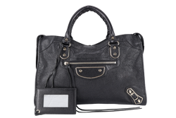 BALENCIAGA CLASSIC CITY BLACK METALLIC LEATHER HANDBAG GOLD HARDWARE WITH MIRROR AND STRAPS