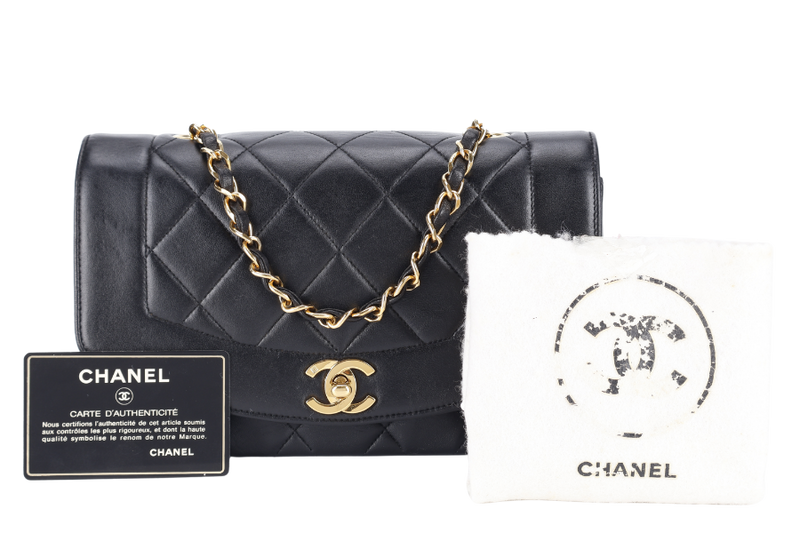 CHANEL DIANA MATELASSE SMALL(283xxx) BLACK LAMBSKIN LEATHER GOLD HARDWARE WITH DUST COVER