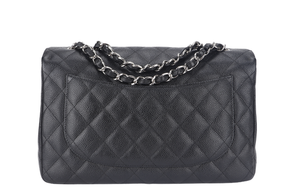 CHANEL CLASSIC FLAP JUMBO (1357xxxx) BLACK CAVIAR LEATHER SILVER HARDWARE WITH DUST COVER AND CARD