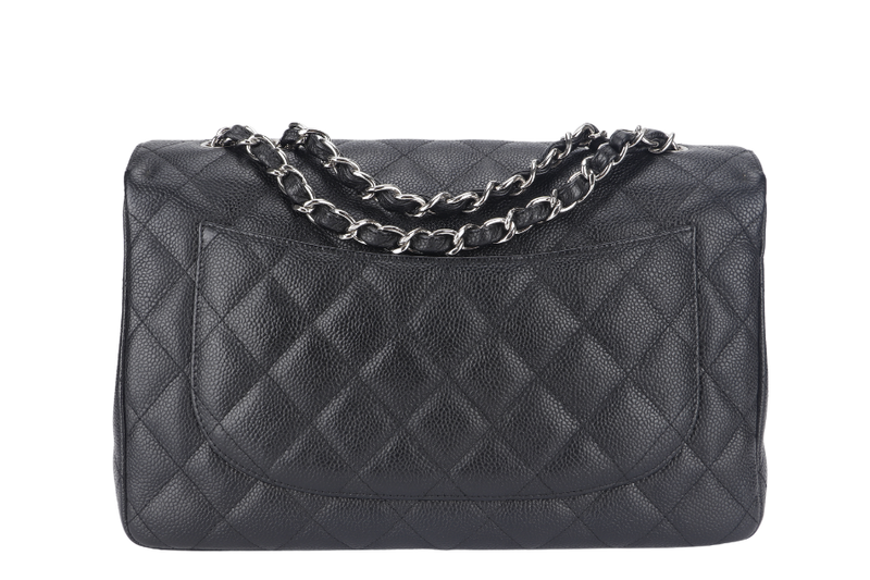 CHANEL CLASSIC FLAP JUMBO (1357xxxx) BLACK CAVIAR LEATHER SILVER HARDWARE WITH DUST COVER AND CARD