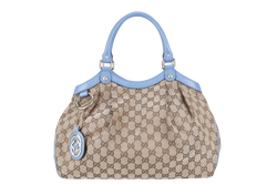 GUCCI SUKEY CANVAS TOTE LIGHT BLUE LEATHER TRIM WITH DUST COVER