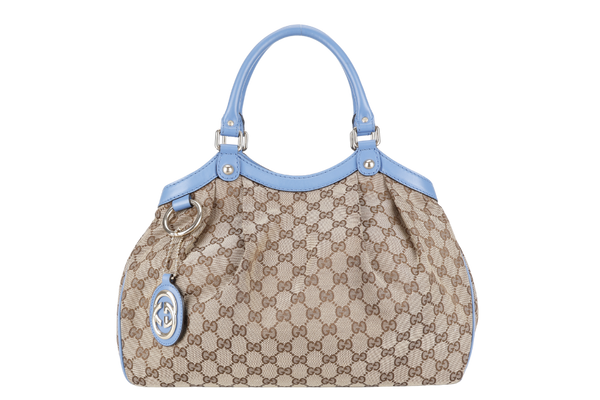 GUCCI SUKEY CANVAS TOTE LIGHT BLUE LEATHER TRIM WITH DUST COVER