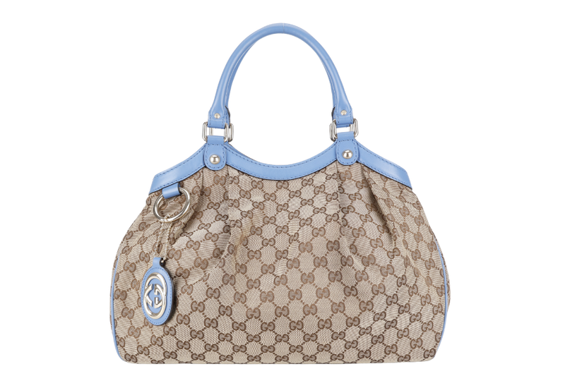 GUCCI SUKEY CANVAS TOTE LIGHT BLUE LEATHER TRIM WITH DUST COVER