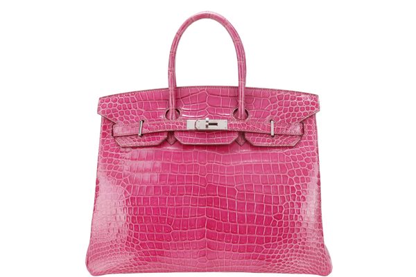 HERMES BIRKIN 35 STAMP N SQUARE (YEAR 2010) ROSE SCHEHERAZADE POROSUS CROC SKIN SILVER HARDWARE WITH KEYS&LOCK, RAINCOAT, DUST COVER & BOX