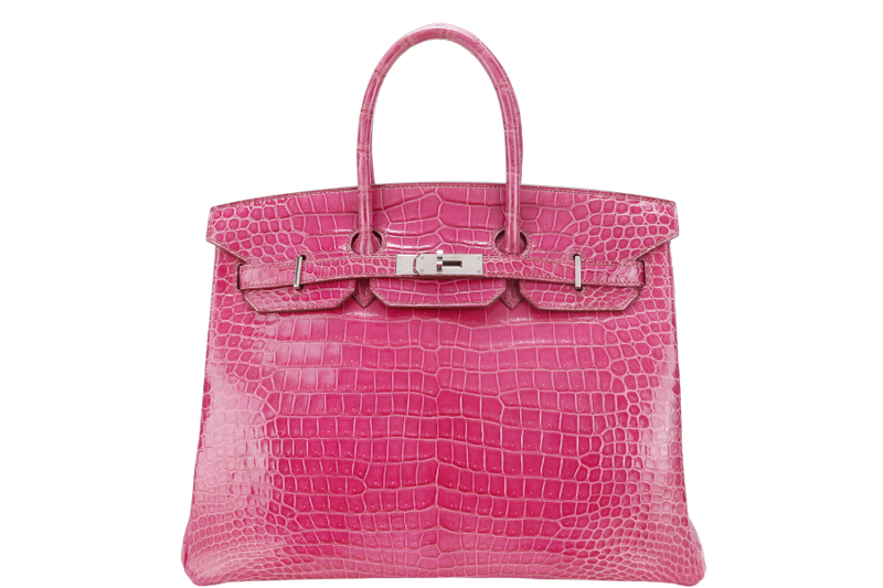 HERMES BIRKIN 35 STAMP N SQUARE (YEAR 2010) ROSE SCHEHERAZADE POROSUS CROC SKIN SILVER HARDWARE WITH KEYS&LOCK, RAINCOAT, DUST COVER & BOX