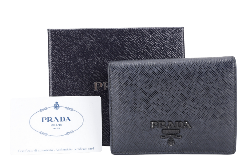 PRADA SMALL BLACK SAFFIANO LEATHER WALLET GOLD HARDWARE WITH CARD AND BOX