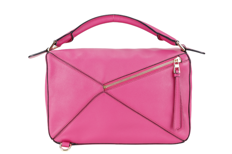 LOEWE PUZZLE EDGE FUSHIA MEDIUM CALFSKIN LEATHER GOLD HARDWARE WITH SLING AND DUST COVER