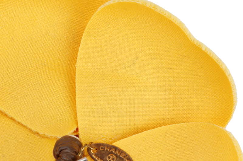 CHANEL YELLOW VELVET CAMELIA BROOCH WITH BOX