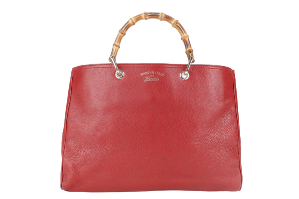 GUCCI RED LARGE BAMBOO SHOPPER LEATHER TOTE BAG GOLD HARDWARE WITH DUST COVER