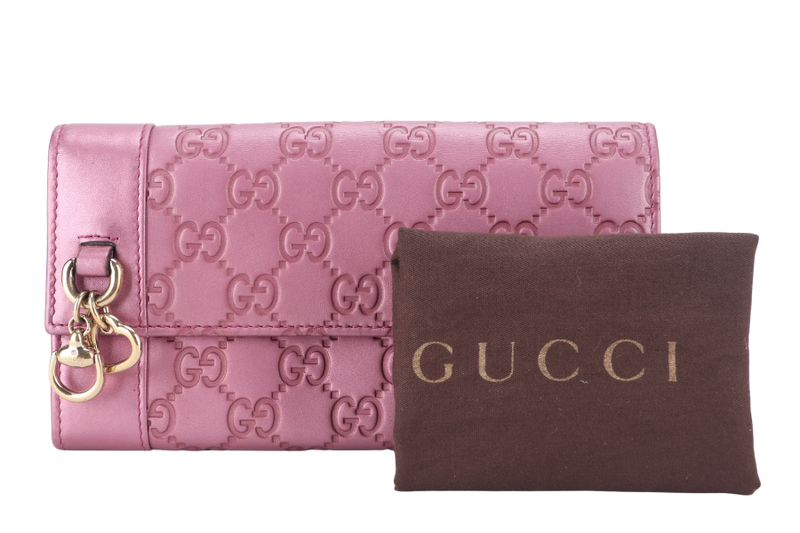 GUCCI GUCCISIMA HEART CHARM PINK LEATHER LONG WALLET GOLD HARDWARE WITH DUST COVER