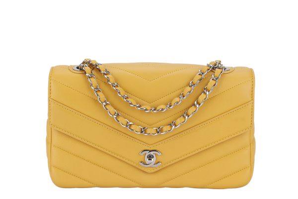 CHANEL CHEVRON FLAP (2432xxxx) MUSTARD MATTE CAVIAR SILVER HARDWARE WITH CARD AND BOX