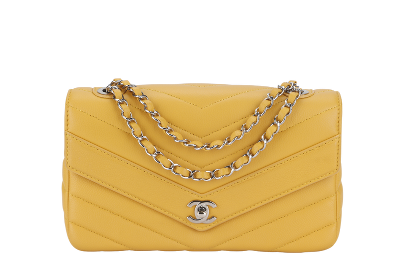 CHANEL CHEVRON FLAP (2432xxxx) MUSTARD MATTE CAVIAR SILVER HARDWARE WITH CARD AND BOX