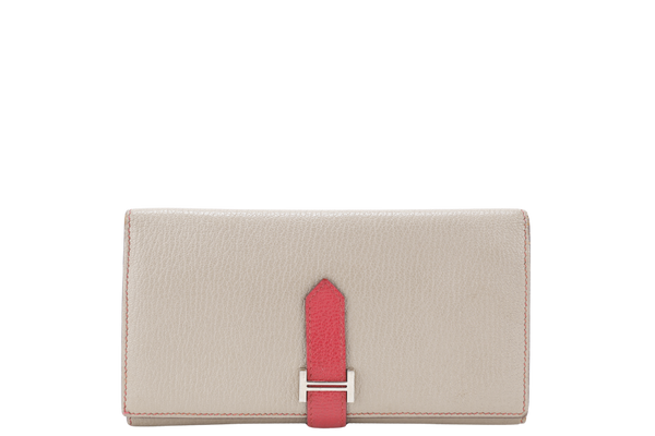 HERMES BEARN WALLET KHAKI BICOLOR CHEVRE MYSORE SILVER HARDWARE STAMP N SQUARE (YEAR 2010) NO DUST COVER