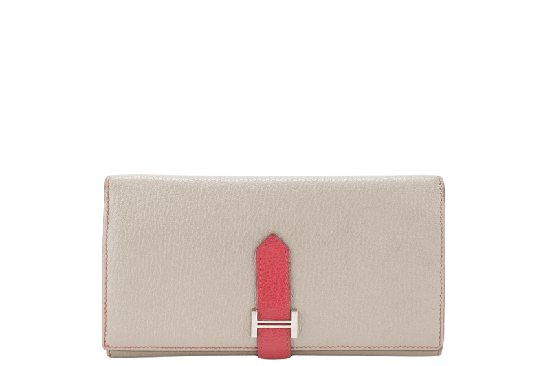 HERMES BEARN WALLET KHAKI BICOLOR CHEVRE MYSORE SILVER HARDWARE STAMP N SQUARE (YEAR 2010) NO DUST COVER