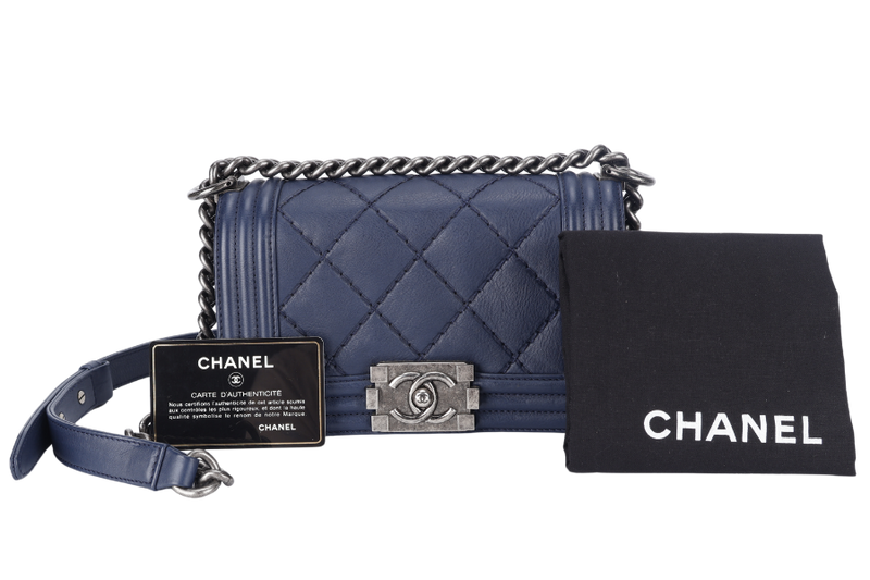 CHANEL DOUBLE STITCH BOY SMALL NAVY BLUE CALFSKIN RUTHENIUM HARDWARE (1877xxxx) (YEAR 2013-2014) WITH CARD AND DUST COVER