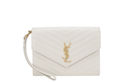 YVES SAINT LAURENT (YSL) CASSANDRE MATELASSE FLAP CLUTCH IN GRAIN DE POUDRE WHITE LEATHER GOLD HARDWARE WITH DUST COVER AND BOX