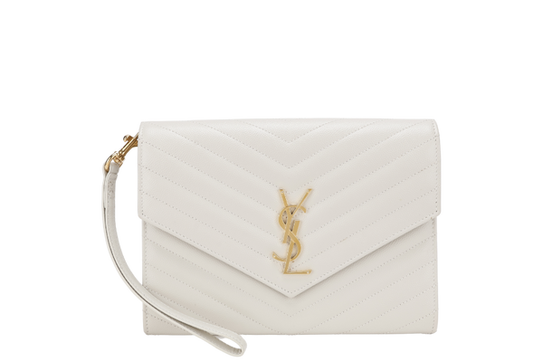 YVES SAINT LAURENT (YSL) CASSANDRE MATELASSE FLAP CLUTCH IN GRAIN DE POUDRE WHITE LEATHER GOLD HARDWARE WITH DUST COVER AND BOX