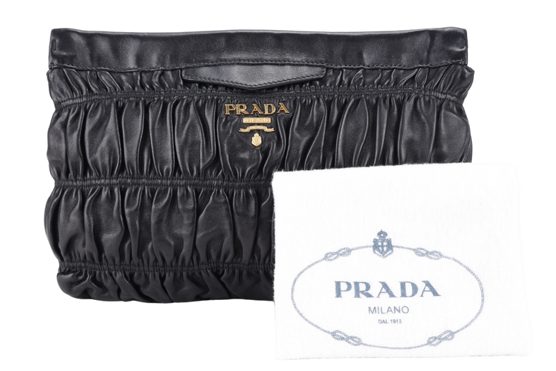 PRADA ZIPPED POUCH BLACK NAPPA GAUFRE GOLD HARDWARE WITH DUST COVER